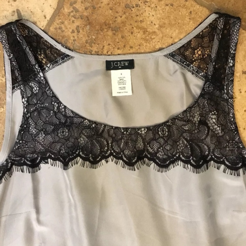 J.CREW 100% SILK TANK CAMI SILVERY GRAY BLK LACE